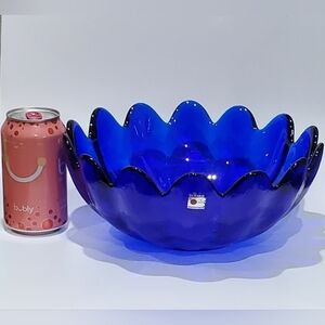 Large Blenko Lotus 10 1/2" Cobalt Handcrafted Glass Bowl